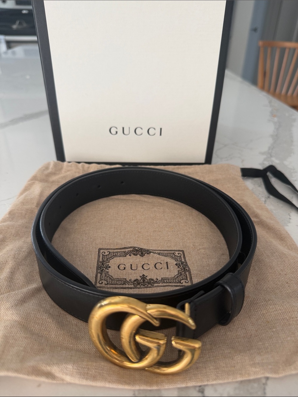 Gucci Black Leather Belt with Gold Double G Buckle